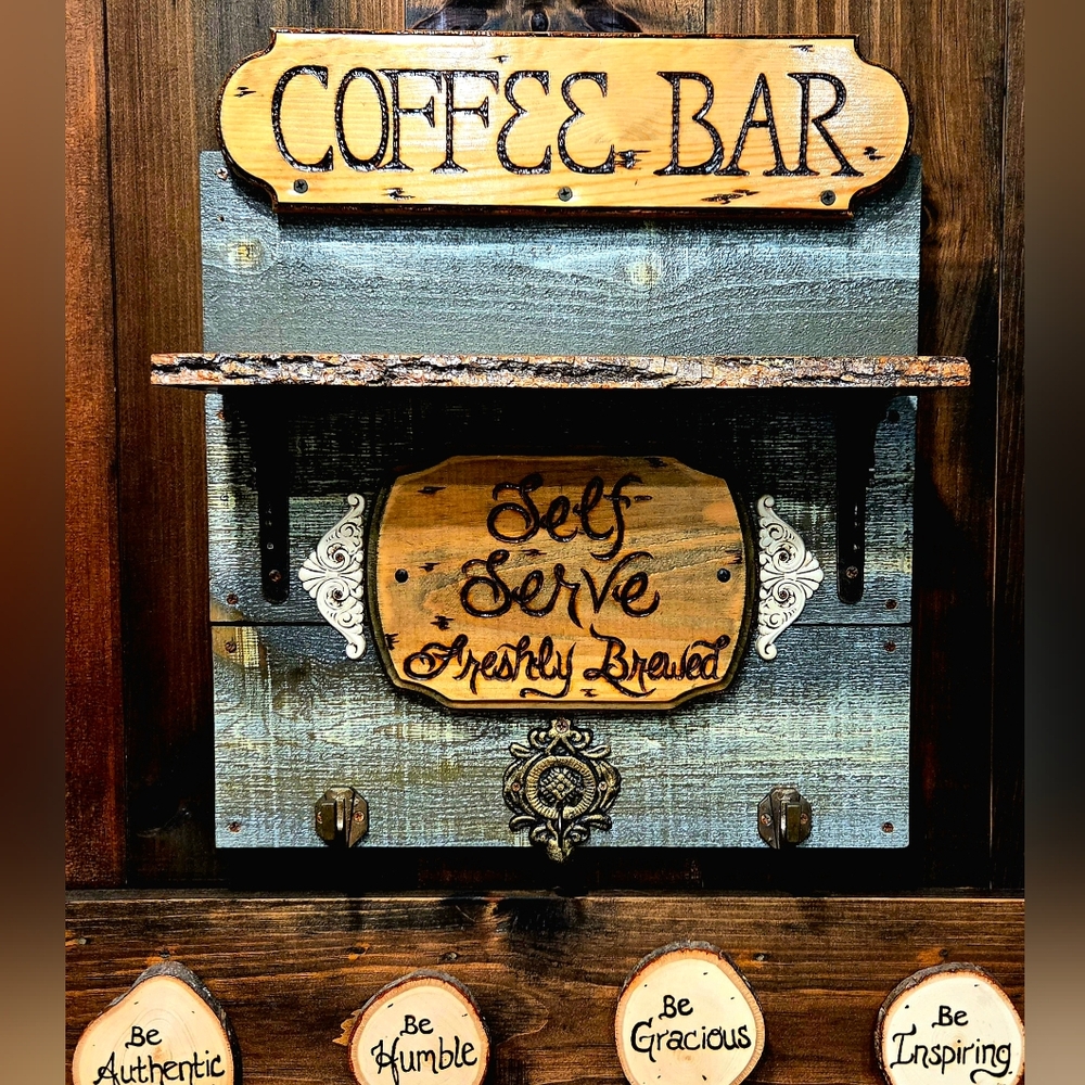 Handmade Rustic Coffee Bar Wall Decor With Hooks Along Bottom & Live Edge Shelf!